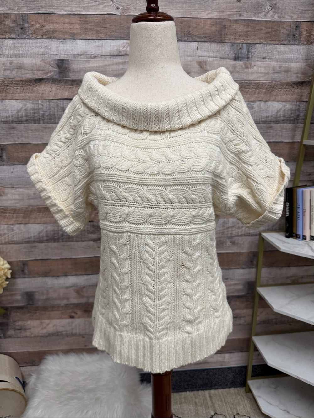 Express cream cotton cable knit cowl neck short sleeve sweater